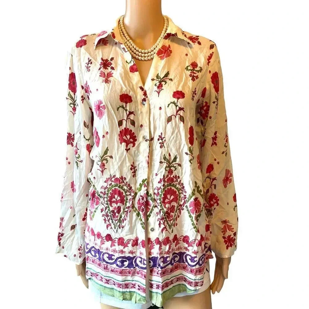 Zara Boho Floral Summer Beach Button Up Shirt Women Size XS